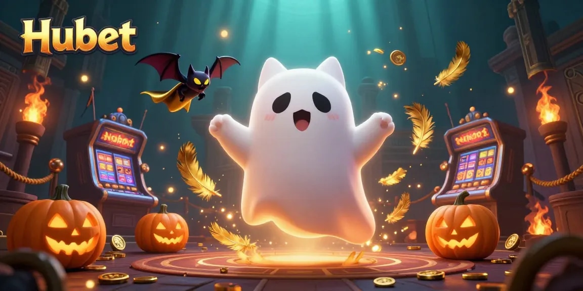 Engage with Hubet in a vibrant haunted casino featuring a friendly ghost cat and spooky elements.