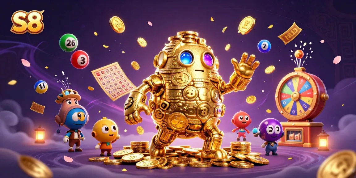 Join the excitement at S8 with a stunning golden golem amidst a flurry of lottery elements, captivating luck!