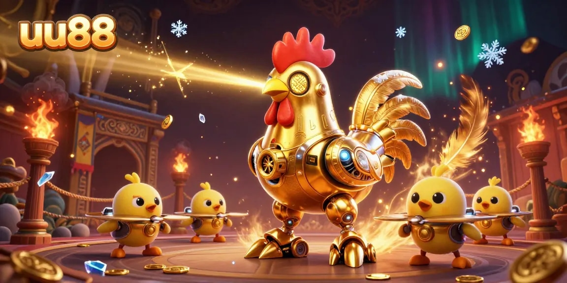 Win big at uu88 with an incredible golden rooster robot and baby chick drones in a vibrant casino scene!