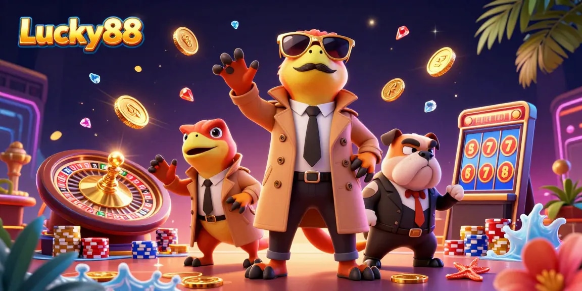 Experience the excitement of Lucky88 as three raptors hilariously attempt to access a VIP casino lounge filled with sparkling treasures.