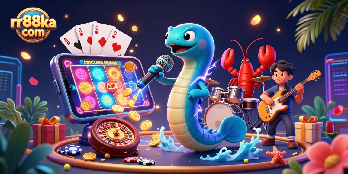 Spin to win with rr88ka com in a vibrant underwater casino featuring playful characters.