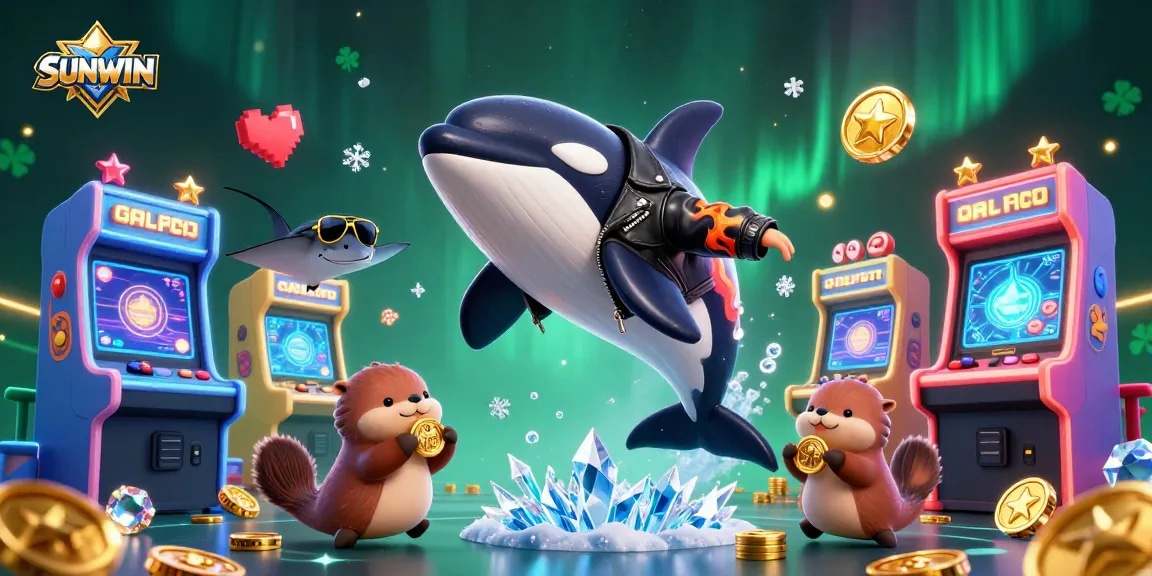SUNWIN offers an engaging gambling experience with fun characters celebrating wins surrounded by vibrant game elements.