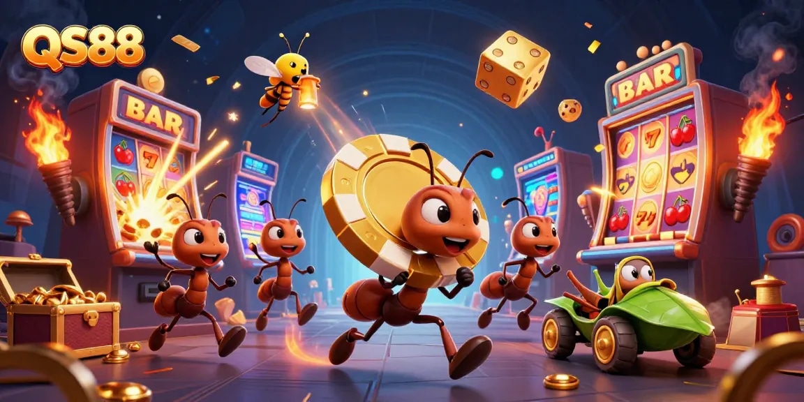 Ants haul a giant poker chip in a vibrant casino heist scene showcasing QS88 excitement and golden treasures.