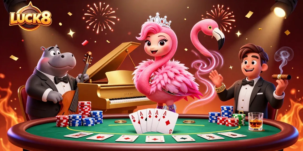 Experience the thrilling LUCK8 casino with dazzling characters amid colorful poker chips and confetti.