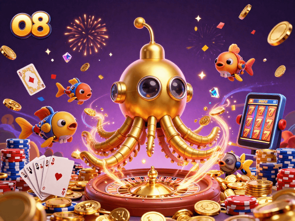 Engage in thrilling gameplay at o8 with a golden kraken submarine and dazzling casino elements.