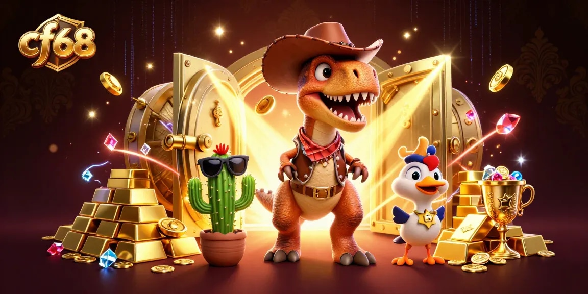 Experience excitement at cf68 with a cartoon dinosaur as it unveils treasure in a vibrant casino scene.