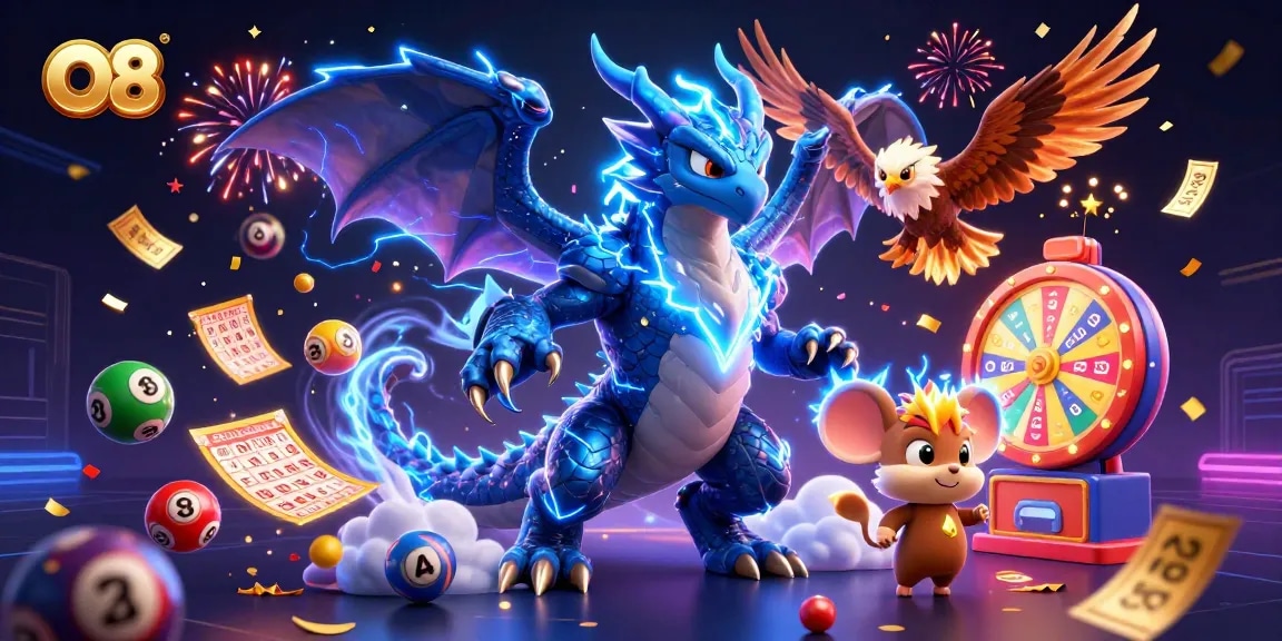 O8 features a vibrant online lottery scene with colorful balls, dragons, and celebratory effects.