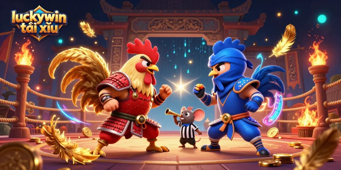 Experience thrilling action in luckywin tài xỉu with fighting roosters in a dynamic casino battle scene.
