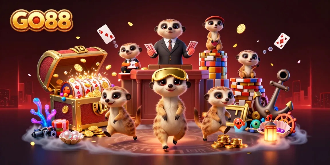 GO88 meerkats operate a lively casino scene with slot machines and colorful gems