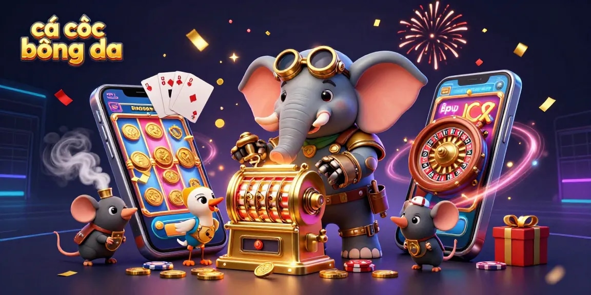Engage in cá cược bóng đá with a vibrant steampunk illustration of an elephant engineer operating a golden slot machine.