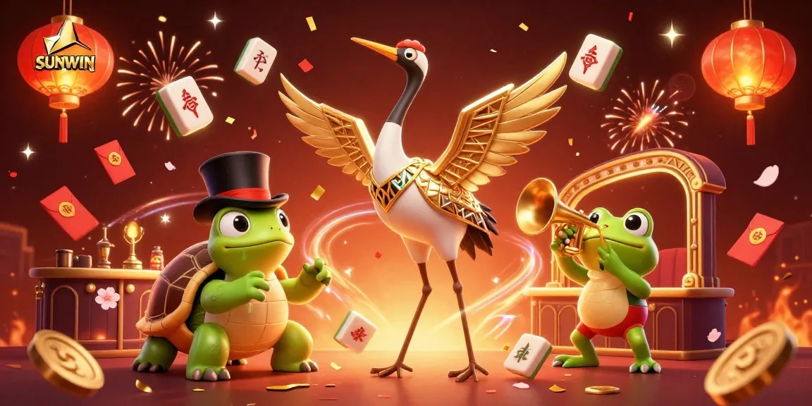SUNWIN brings excitement to players as vibrant 3D characters celebrate at a bustling online casino scene.