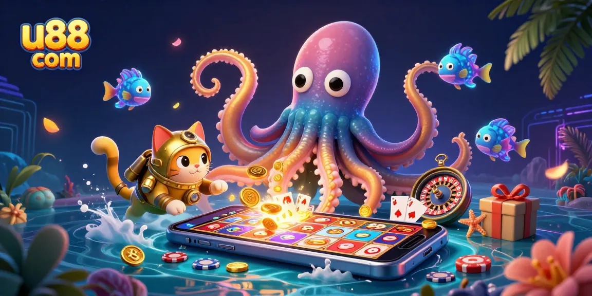 Win big with u88 com in a vibrant 3D casino world featuring a colossal kraken and vintage diving cat.