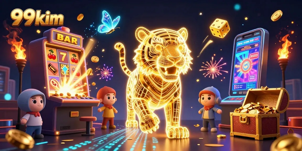 Immerse in 99kim's vibrant casino environment with golden tiger, bursting jackpots, and rich gaming elements.