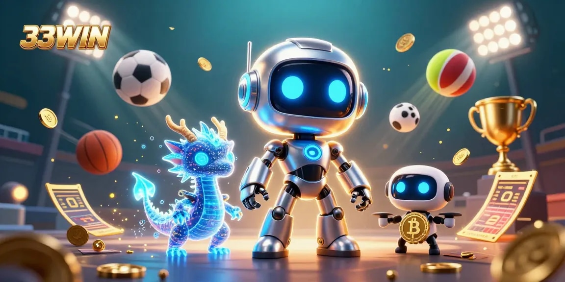 Engage with 33WIN's vibrant gaming world featuring a cyberpunk mascot and dynamic sports elements.