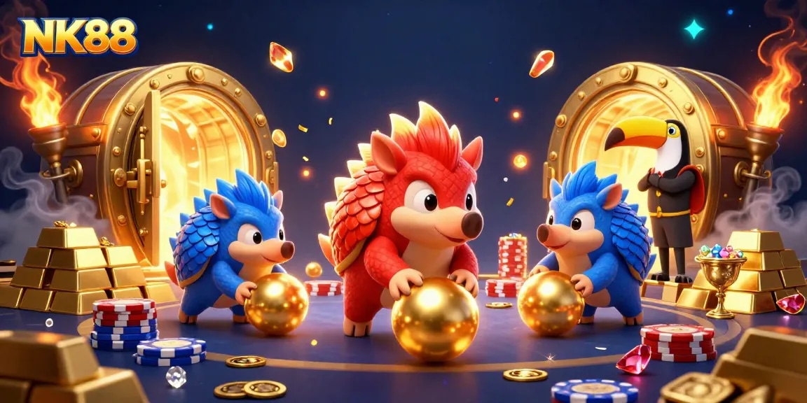 Experience the thrill of NK88 as pangolins roll and bowl through golden poker chips in an exciting casino battle.