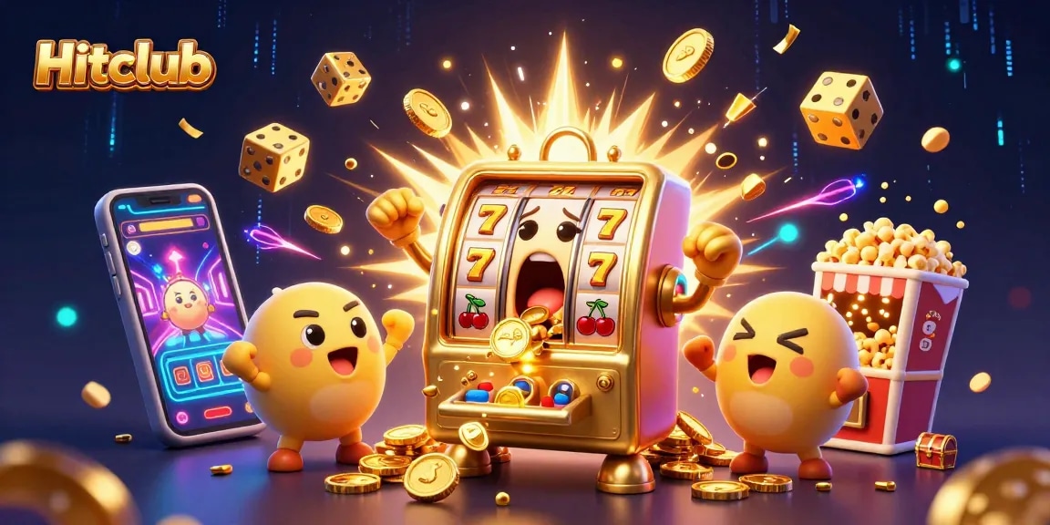 Hitclub celebrates winnings with a vibrant scene of a golden slot machine, jackpot coins, and colorful game symbols.