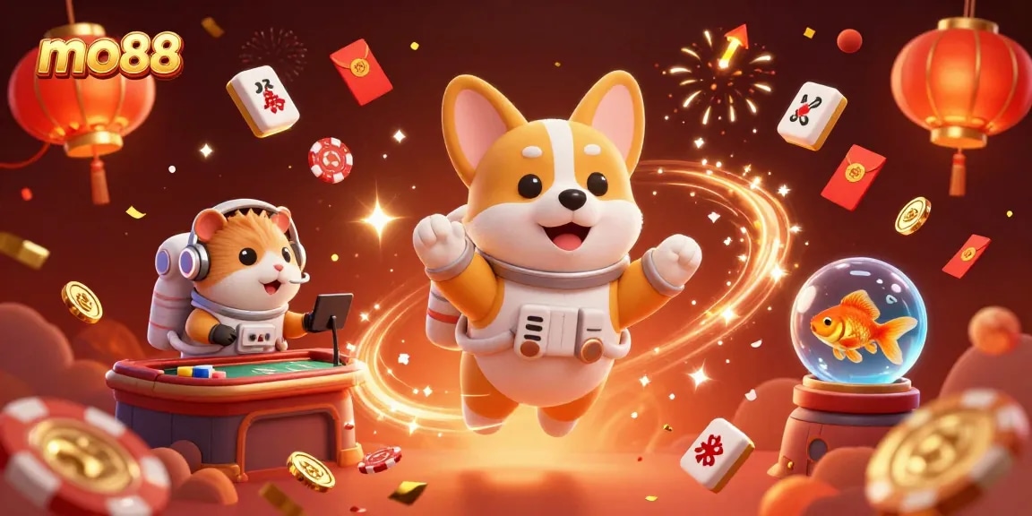 Experience the excitement of mo88 in a vibrant casino scene with a floating corgi, animated elements, and adventurous themes.