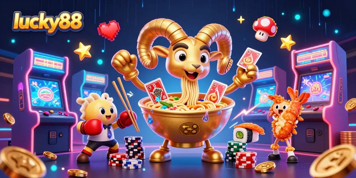 Engage with lucky88’s dynamic scene featuring a ramen bowl dealer, sushi roll, and cheering tempura shrimp.