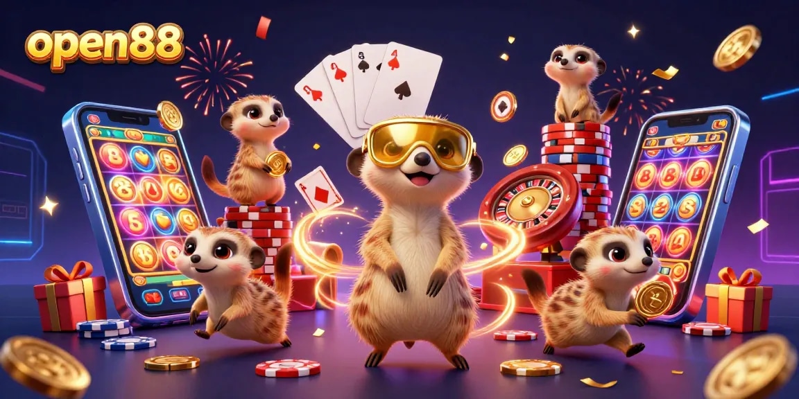 Experience the thrill of open88 with a lively 3D meerkat casino scene featuring slot games and excitement.