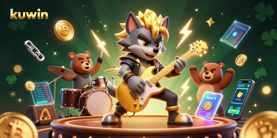 Kuwin inspires gamblers with a vibrant scene of a wolf rock star and bear drummer at a crypto casino.