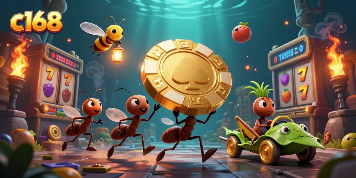 Exciting heist scenario with c168, cartoon ants carrying a giant poker chip in a vibrant casino setting.