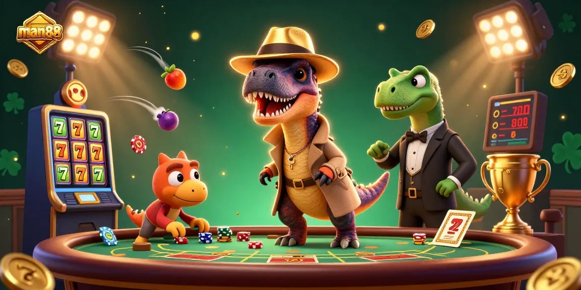 Experience thrilling action with man88 at a vibrant blackjack table featuring lively cartoon dinosaurs and casino elements.