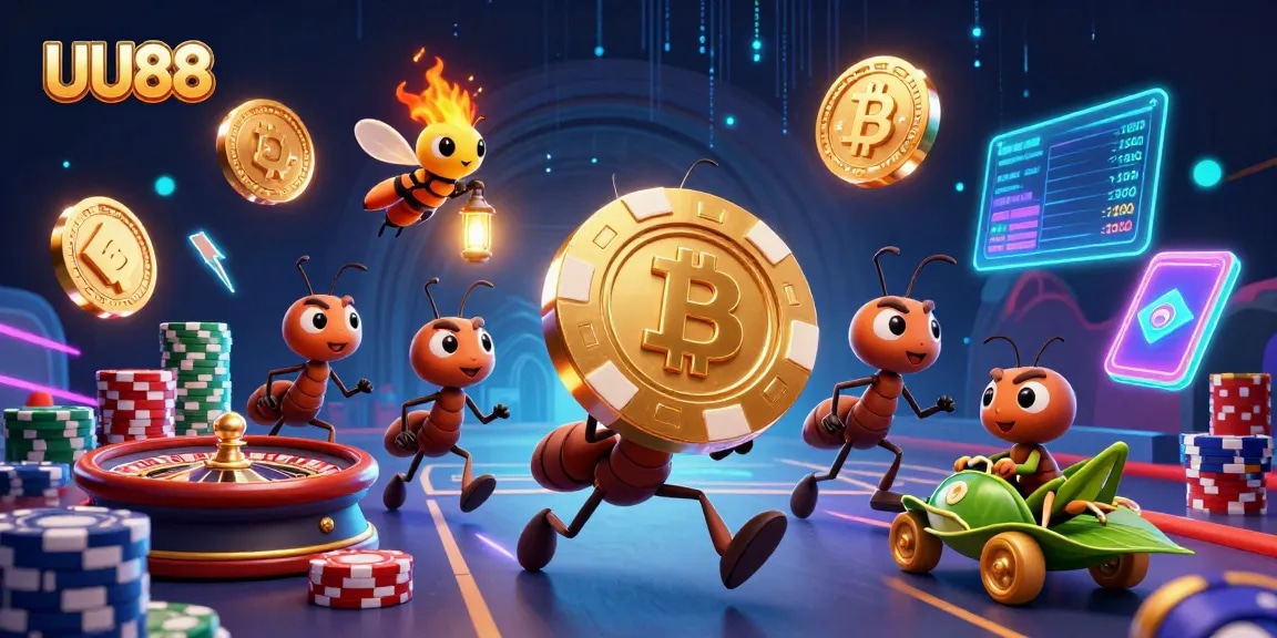 Bettors enjoy the UU88 gaming experience with cartoon ants and poker elements in a rich casino scene.