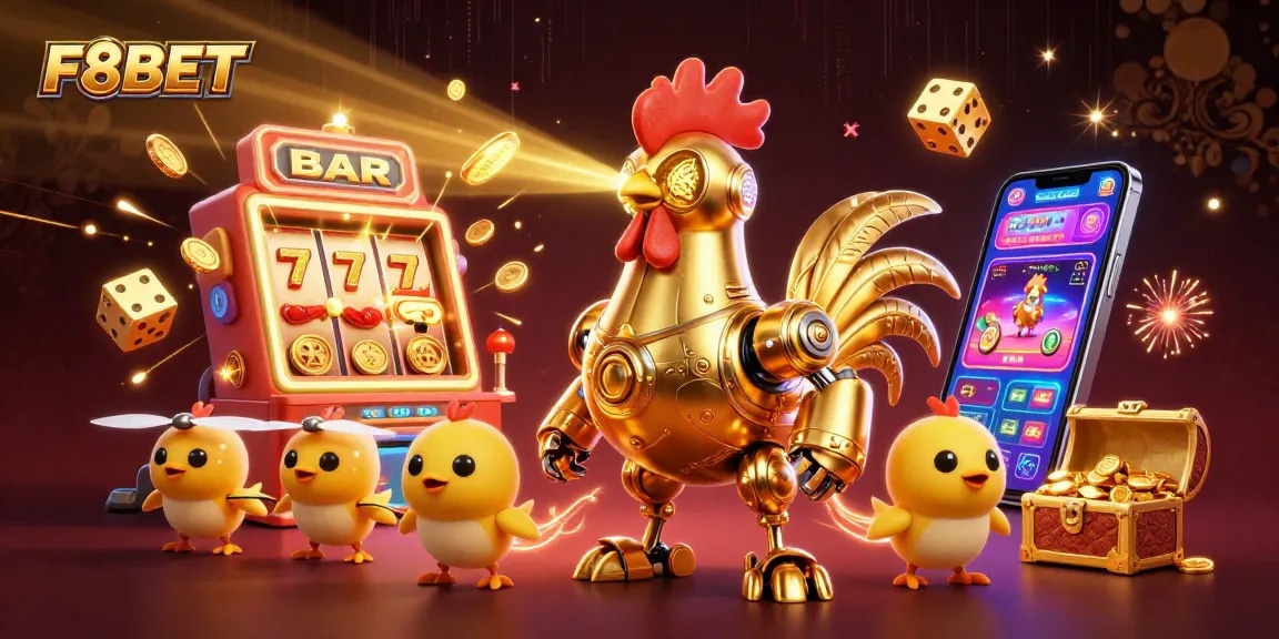 Experience F8BET's vibrant casino scene with golden rooster robot and dynamic game elements.