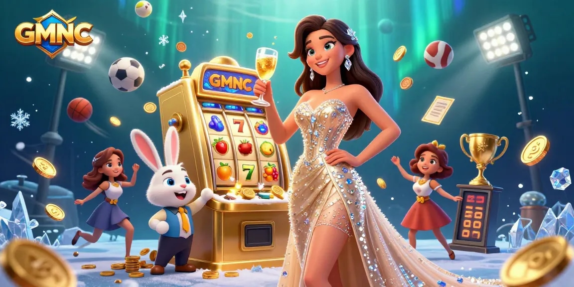 Experience thrilling GMNC gameplay with a dynamic casino scene featuring a glamorous winner and a cartoon bunny croupier.