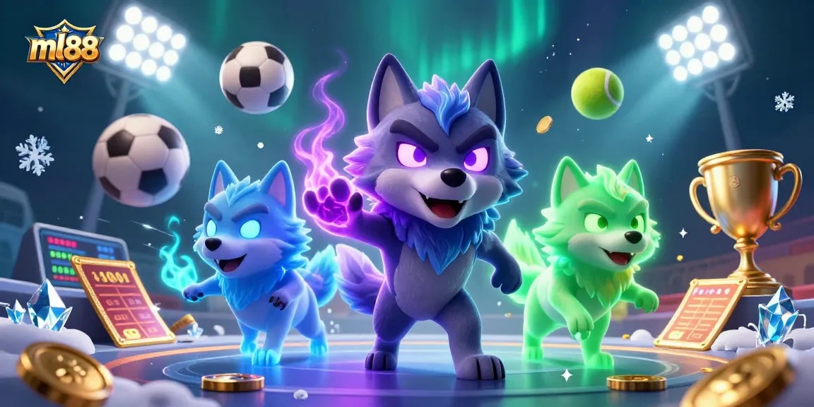 Experience thrilling sports action and gaming excitement with ml88's dynamic casino illustration featuring glowing wolf spirits.