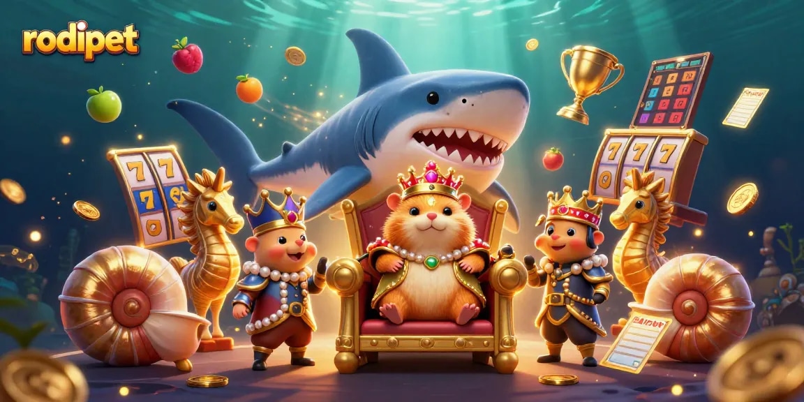 Spin the reels in Rodipet's captivating casino world with a golden hamster king.