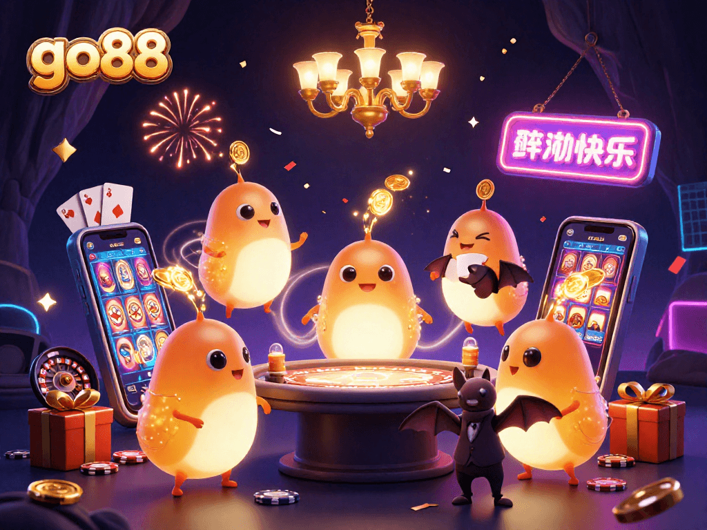 Experience the vibrant action at go88 as glowworms illuminate a cave casino while a bat dealer manages the games.