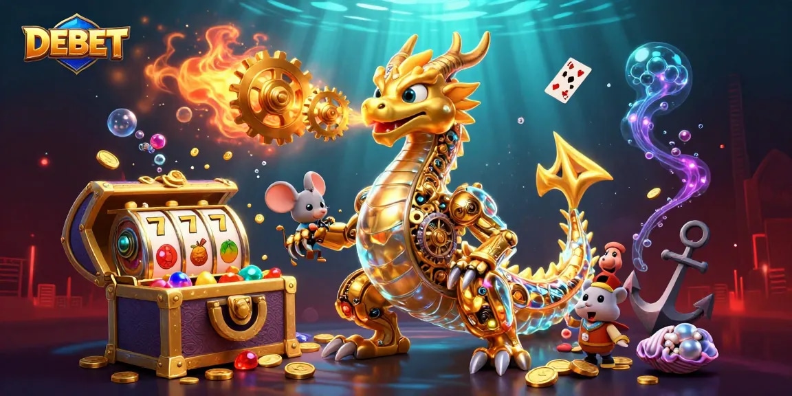 Engage in thrilling gameplay with DEBET, showcasing a golden dragon in an exciting casino scene filled with treasures.