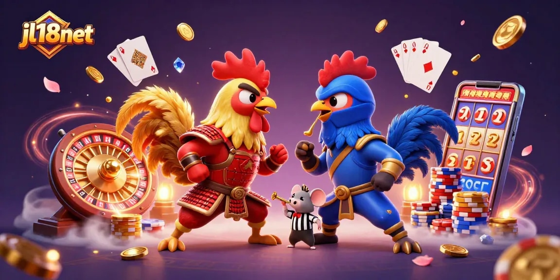 Engage in the exciting JL18Net showdown featuring samurai rooster and ninja rooster with casino imagery.