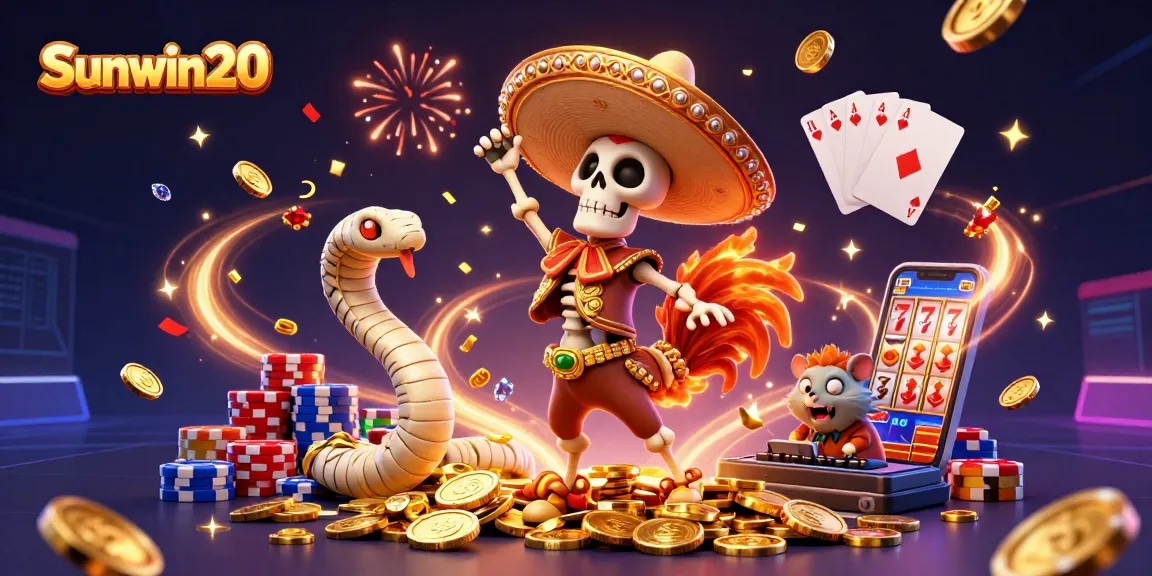 Experience the thrill of Sunwin20 with our vibrant casino extravaganza featuring animated characters and exciting gambling elements.