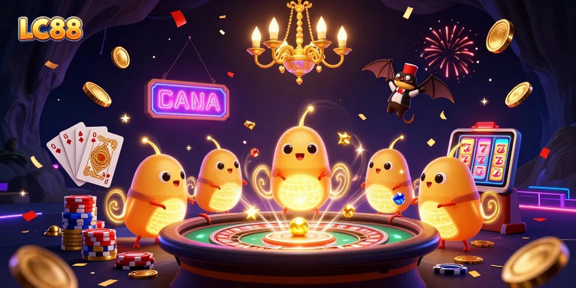 Experience the vibrant excitement of LC88 with glowing casino action in a fantasy cave.