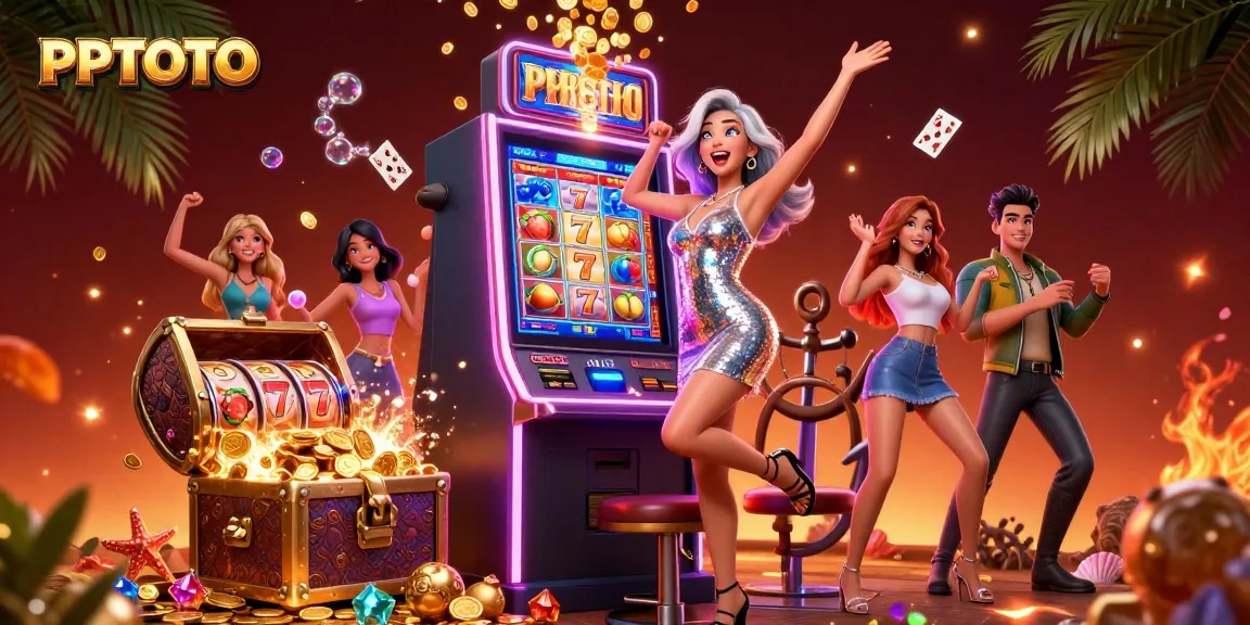 PPTOTO merayakan dengan pemenang jackpot di tengah elemen permainan slot yang dinamis dan dekorasi kasino yang berwarna-warni.