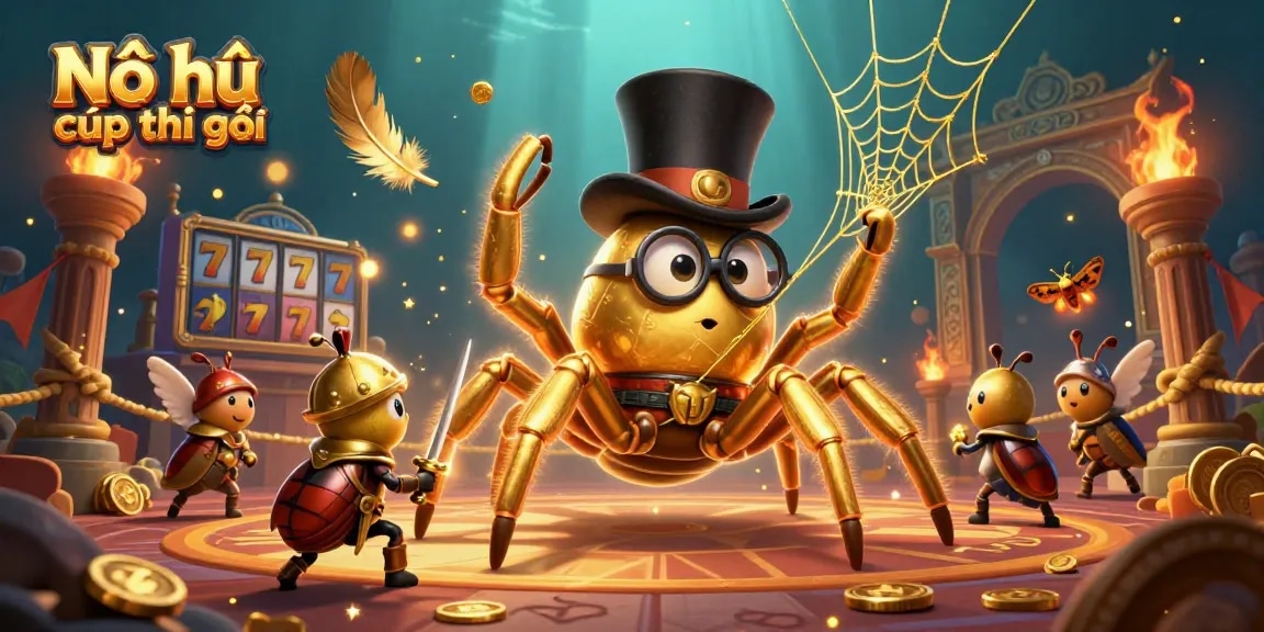 Nổ hũ cúp thế giới showcases a thrilling jackpot illustration featuring a golden tarantula and knight in an energetic casino setting.