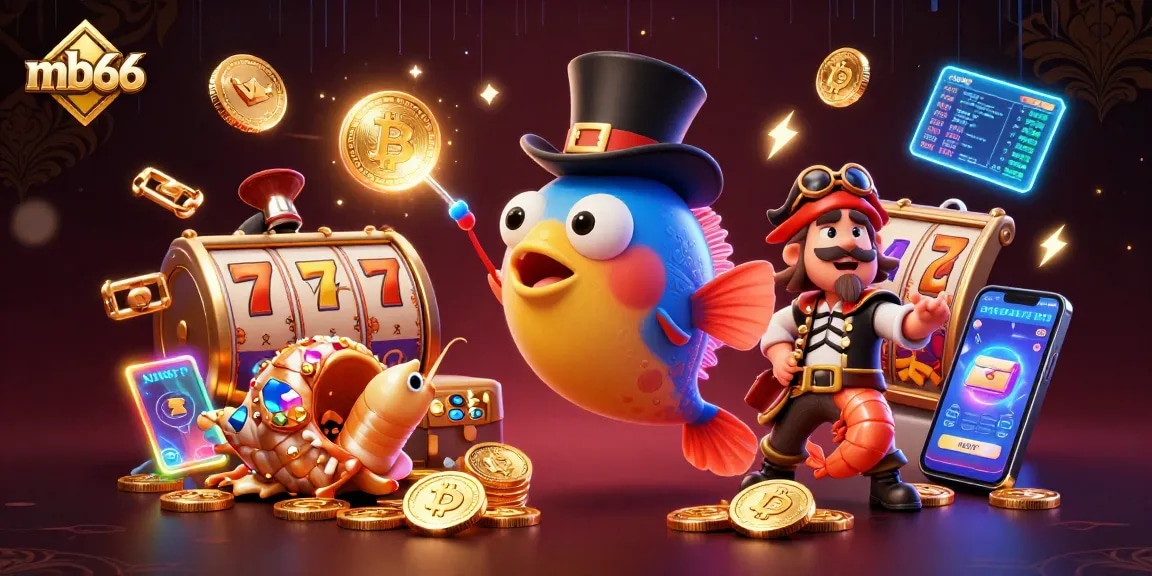 Engage with mb66's vibrant 3D scene featuring an anglerfish and coins in a dynamic casino setting.