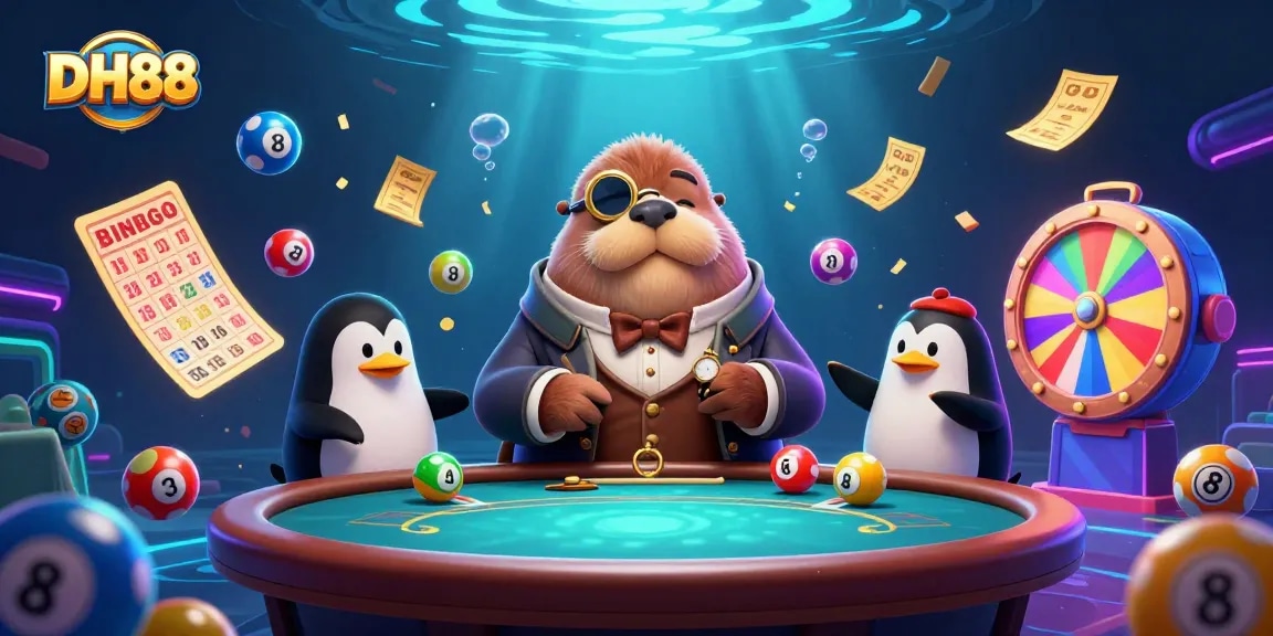Engage with excitement at DH88 as the jolly walrus plays poker, surrounded by vibrant lottery elements.