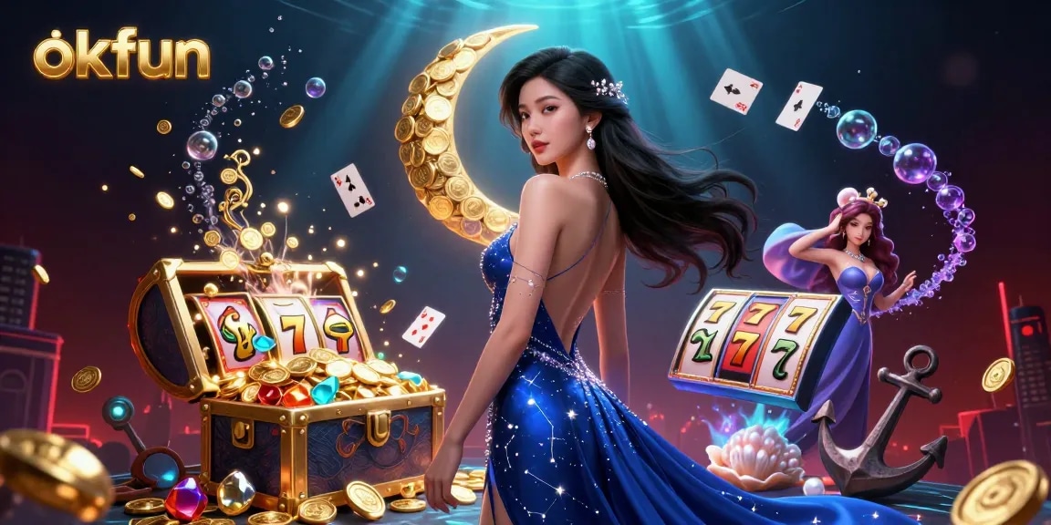 Experience the thrill of okfun with an elegant casino scene featuring dynamic slot reels and glowing treasures.