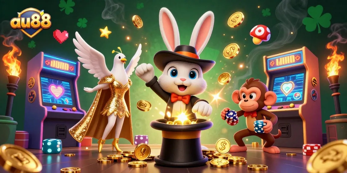 Experience thrilling gaming at au88 with a magician rabbit, dove, and monkey in a vibrant casino scene.