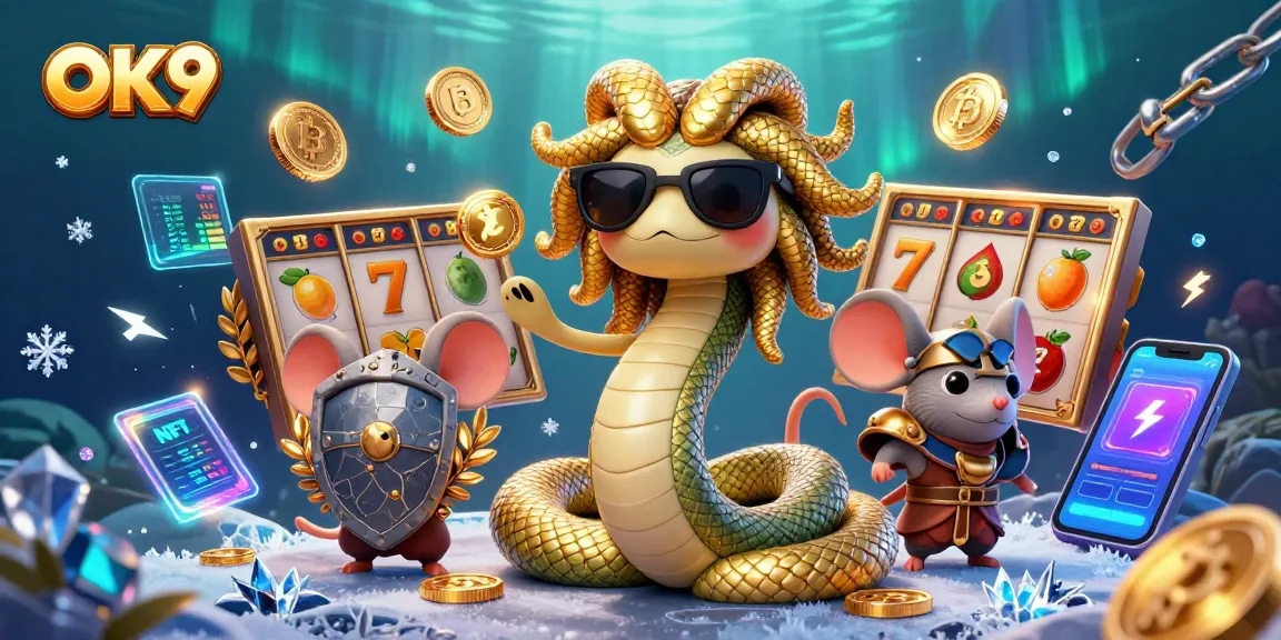 Spin the reels at OK9 for exciting jackpots, featuring Medusa and a warrior mouse in a casino adventure.