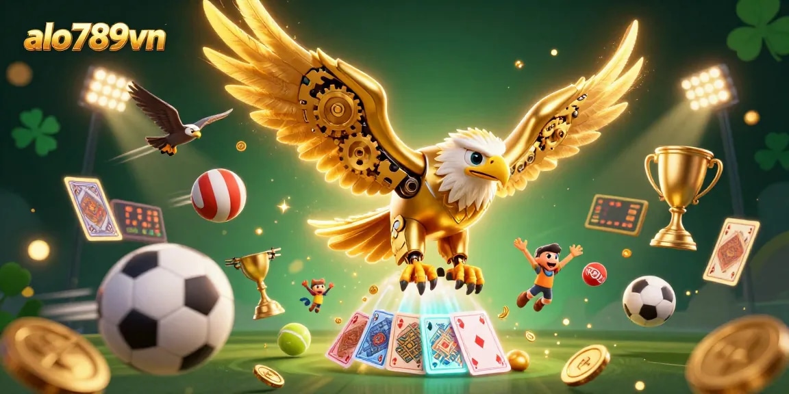 Experience thrilling bets at alo789vn with 3D cybernetic eagle soaring through dynamic sports elements.