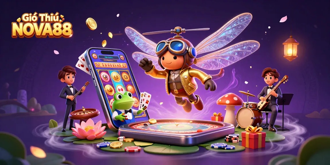 Engage with Giới Thiệu NOVA88 featuring a vibrant 3D casino scene with interactive gaming elements.