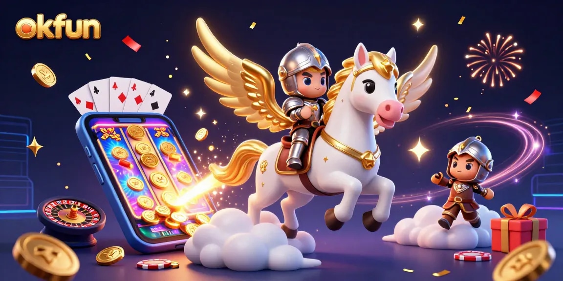 Engage with okfun's exciting slots experience featuring a celestial horse and knight in action.