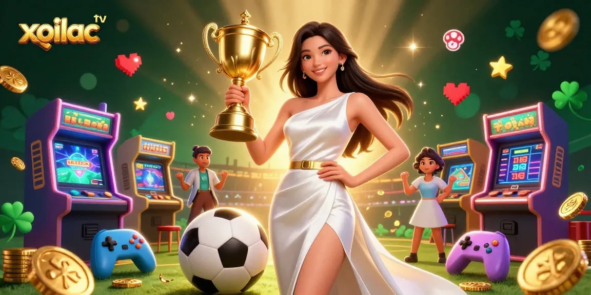 Experience the thrill of sports betting on Xoilac TV as a confident woman holds a trophy amidst dynamic game elements.