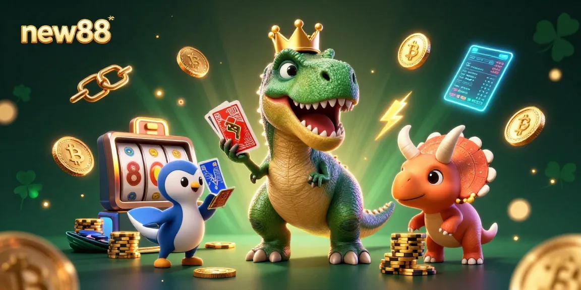 Engage with new88's vibrant gaming scene featuring a T-Rex, pterodactyl, and triceratops in a thrilling casino setting.
