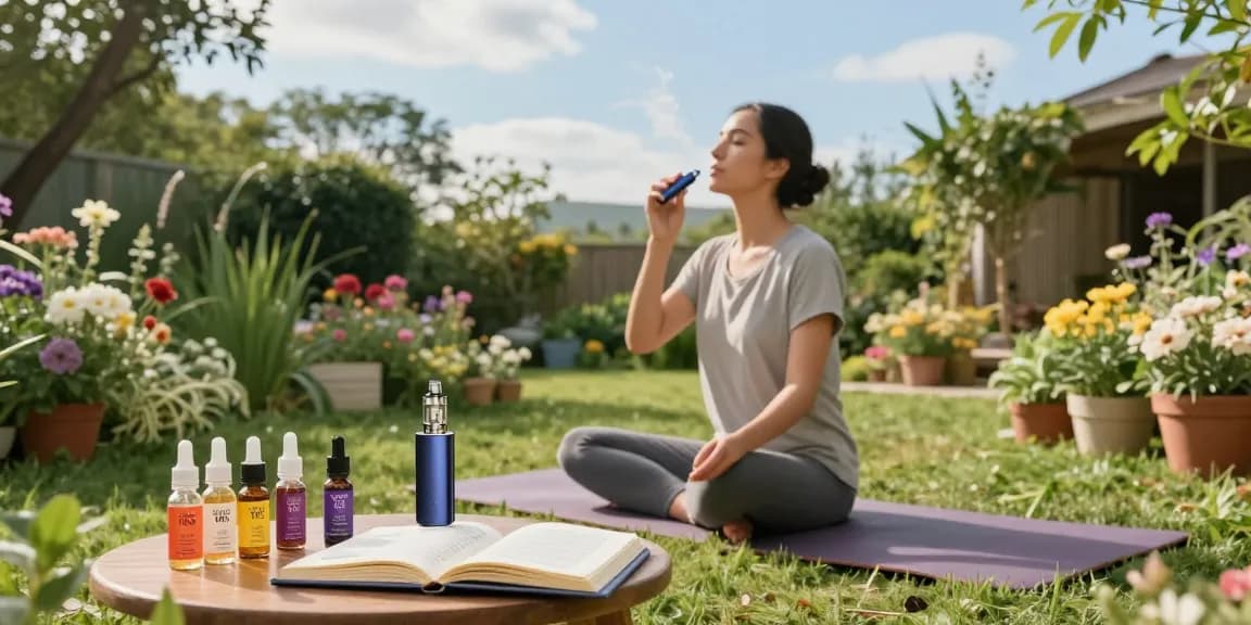 thc vape juice and CBD wellness products displayed in outdoor garden setting promoting natural health.