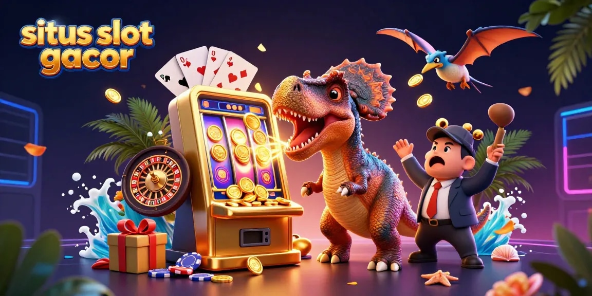 Permainan situs slot gacor saat pterosaurus menangkap koin emas terbang di kasino.
